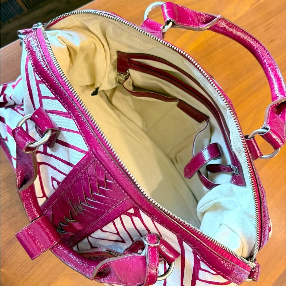 Cole Haan Bowling Bag shoulder bag satchel burgundy patent + cream canvas